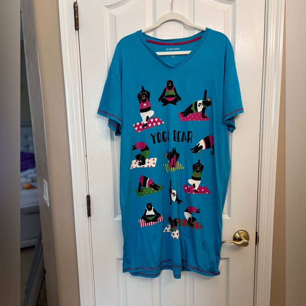 Yoga Bear Bright Blue Pajama Shirt 100% Cotton Bears Yoga Fun Cute - Picture 3 of 7